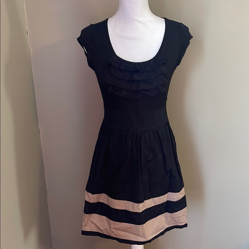 Black Mini Fit and Flare Dress with Cap Sleeves and Scoop Neck for Casual
